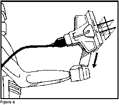 [Figure 4:  Drawing of Rom's right arm, and energy analyzer
(with power cord plugged into it).  An arrow pointing down to show how
to insert the analyzer into Rom's hand.]