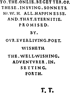 Sonnets dedication page: 'TO.THE.ONLIE. ...'