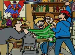 From left: Josh, Jerry, Bill and Pete are the Eltingville Comic Book, Science Fiction, Horror, Fantasy and Role Playing Club, shown arguing about life and death in Dungeons and Dragons.