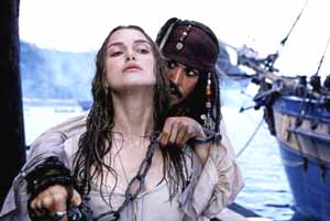 Capt. Jack Sparrow (Johnny Depp) mounts a daring escape with the help of Elizabeth Swann (Keira Knightly).