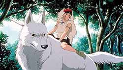 San (voiced by Claire Danes) and the wolf spirit Moro (Gillian Anderson) fight a war against encroaching civilization in ''Princess Mononoke.''