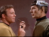 Kirk with communicator, Spock