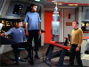 Spock at computer station on bridge, McCoy, Nomad, and Kirk