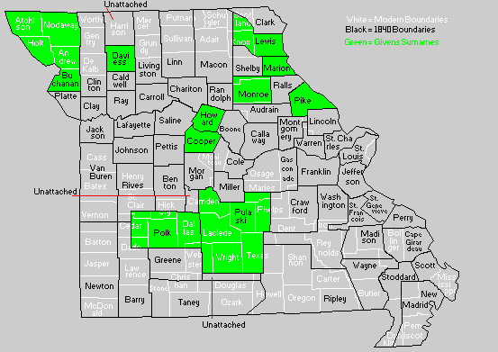 1840 Missouri County Map - Givens Surname
